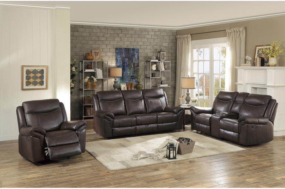 Aram Double Reclining Sofa With Center Drop-Down Cup Holders 8206Brw-3 | Homelegance