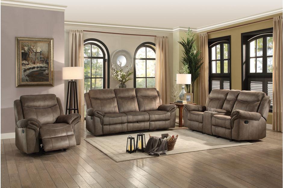 Aram Double Reclining Sofa With Center Drop-Down Cup Holders, Receptacles And Hidden Drawer 8206Nf-3 | Homelegance