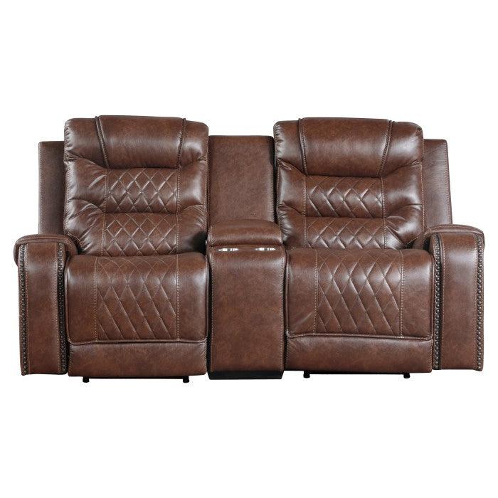 Putnam Power Double Reclining Love Seat With Center Console, Receptacles And Usb Port In Brown 9405Br-2Pw | Homelegance
