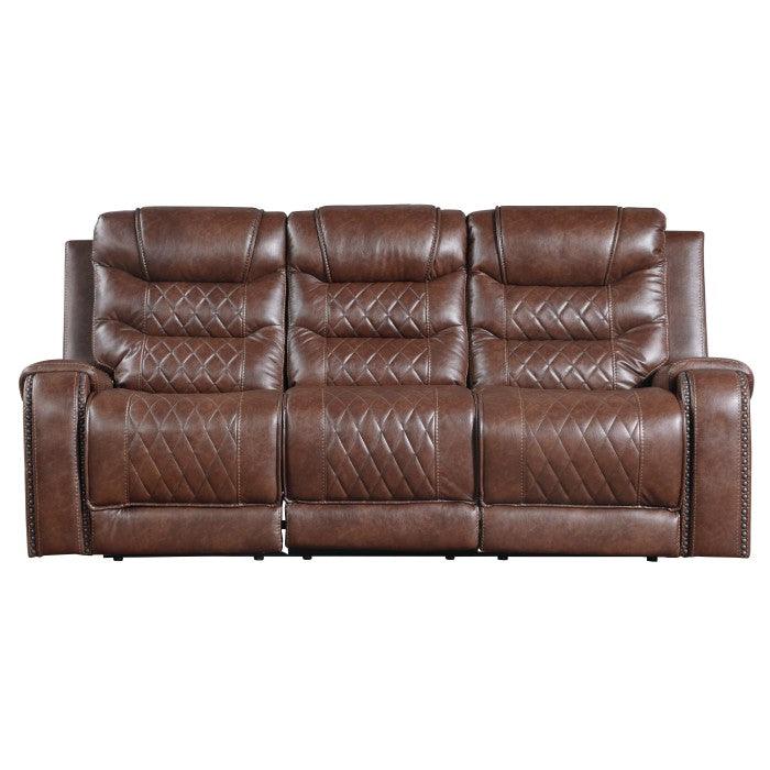 Putnam Power Double Reclining Sofa With Drop-Down Cup Holders, Receptacles And Usb Ports In Brown 9405Br-3Pw | Homelegance