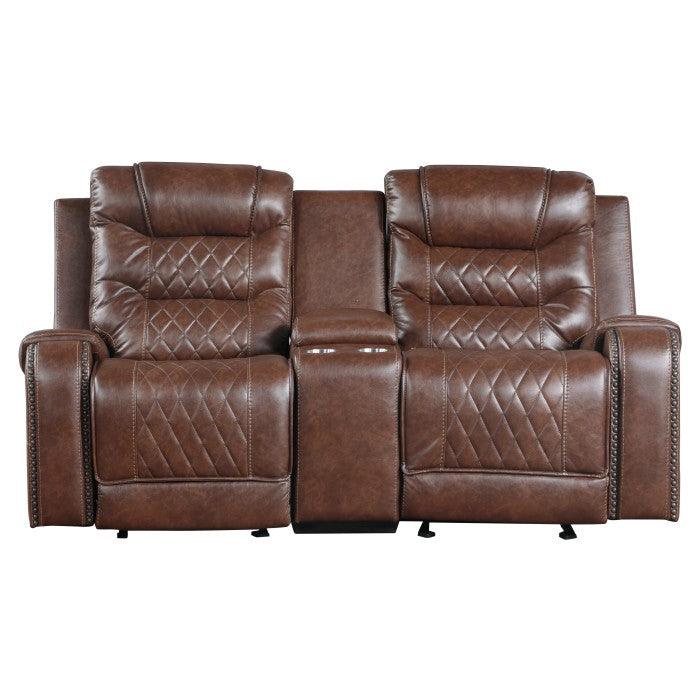 Putnam Double Glider Reclining Love Seat With Center Console, Receptacles And Usb Port In Brown 9405Br-2 | Homelegance