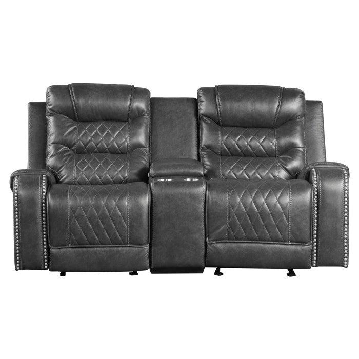 Putnam Double Glider Reclining Love Seat With Center Console, Receptacles And Usb Port In Gray 9405Gy-2 | Homelegance
