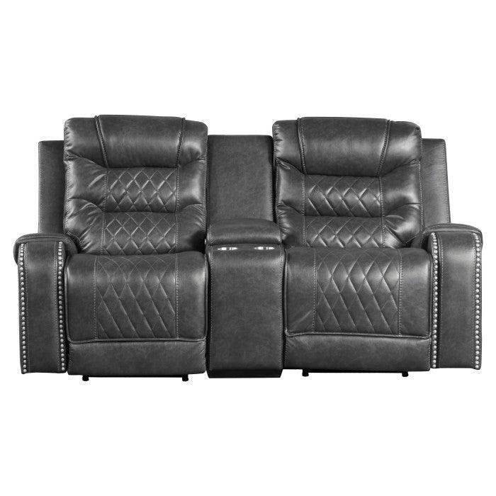 Putnam Power Double Reclining Love Seat With Center Console, Receptacles And Usb Port In Gray 9405Gy-2Pw | Homelegance