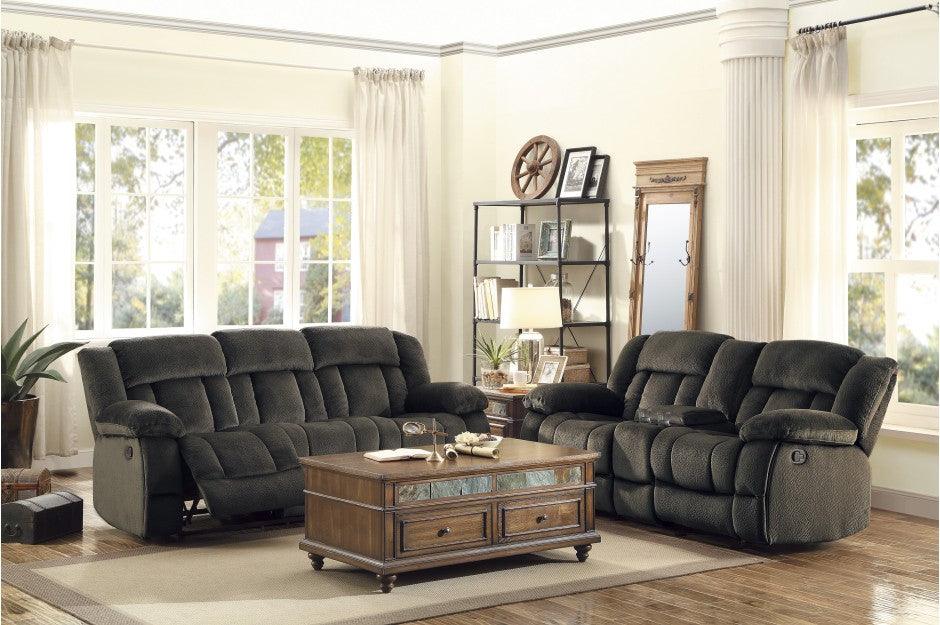 Laurelton Chocolate Double Glider Reclining Love Seat WCntr Console 9636-2 | Homelegance
