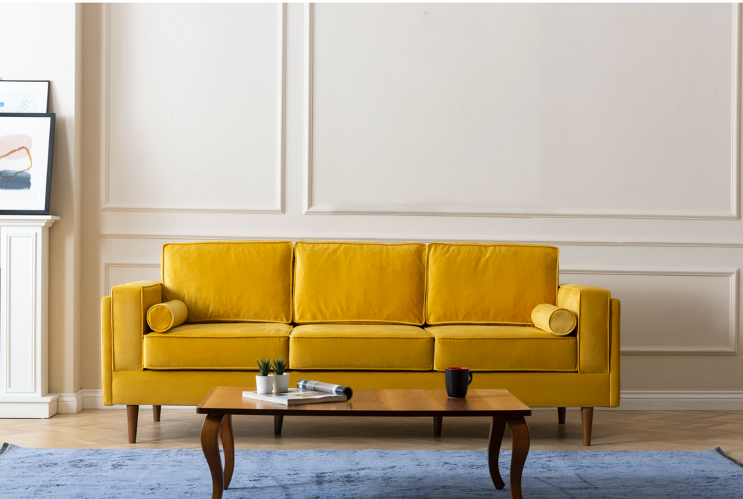Troya Mustard Velvet Sofa With Reversible Cushions