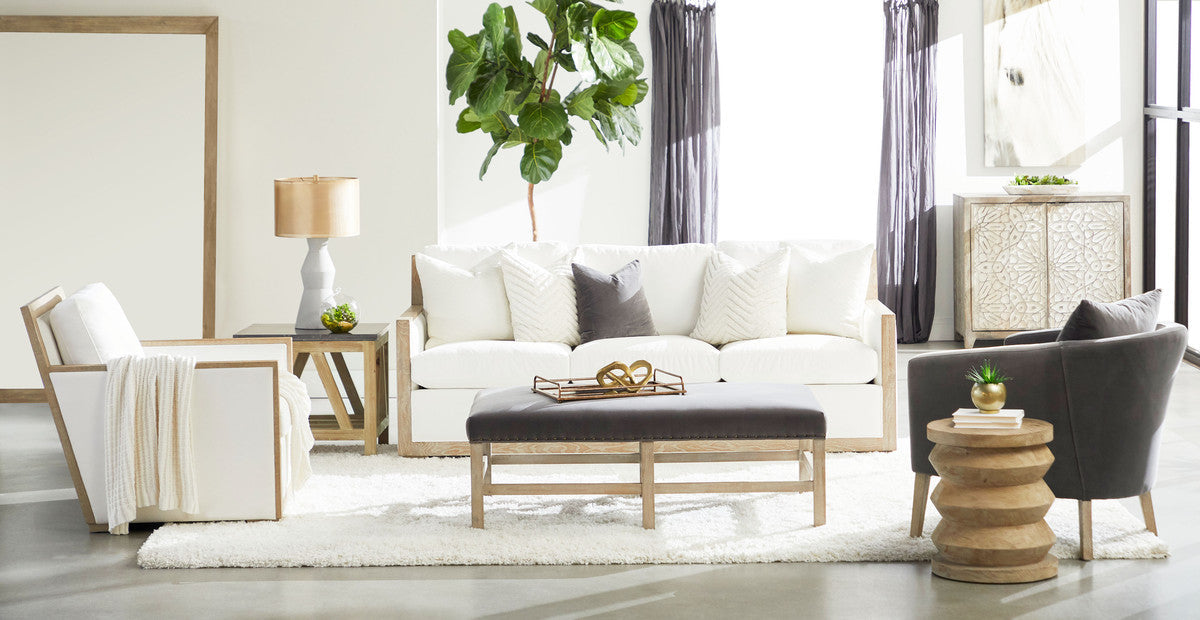 Manhattan 85" Wood Trim Sofa in Livesmart Peyton-Pearl, Natural Gray Oak