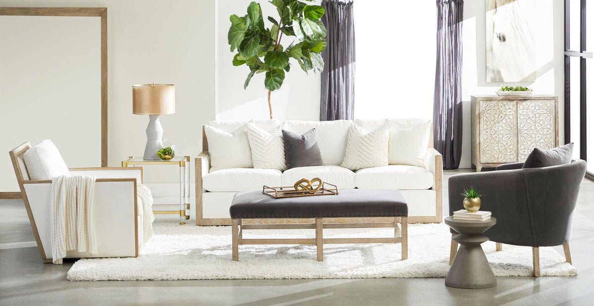Manhattan 85" Wood Trim Sofa in Livesmart Peyton-Pearl, Natural Gray Oak