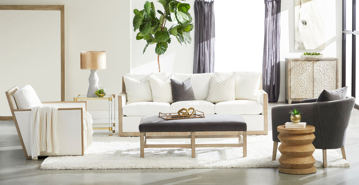 Manhattan 85" Wood Trim Sofa in Livesmart Peyton-Pearl, Natural Gray Oak