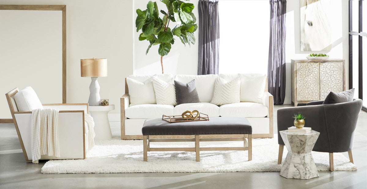 Manhattan 85" Wood Trim Sofa in Livesmart Peyton-Pearl, Natural Gray Oak