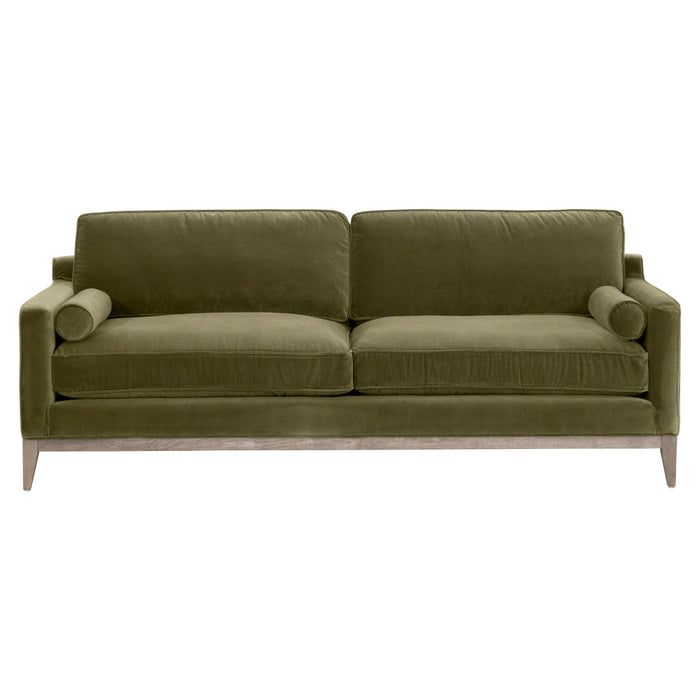 Parker 86" Post Modern Sofa in Olive Velvet, Natural Gray Oak