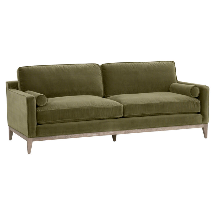 Parker 86" Post Modern Sofa in Olive Velvet, Natural Gray Oak