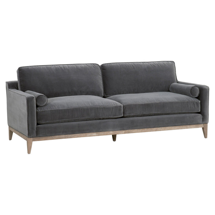 Parker 86" Post Modern Sofa in Dark Dove Velvet, Natural Gray Oak