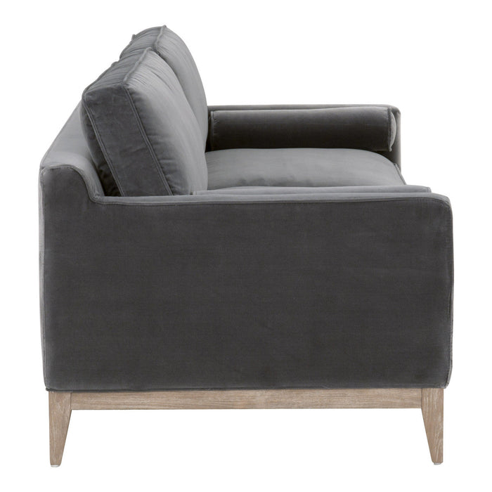 Parker 86" Post Modern Sofa in Dark Dove Velvet, Natural Gray Oak