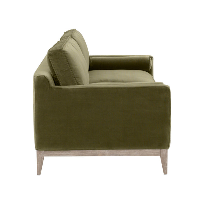 Parker 86" Post Modern Sofa in Olive Velvet, Natural Gray Oak