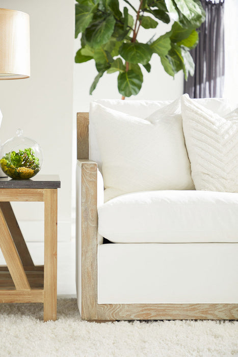 Manhattan 85" Wood Trim Sofa in Livesmart Peyton-Pearl, Natural Gray Oak