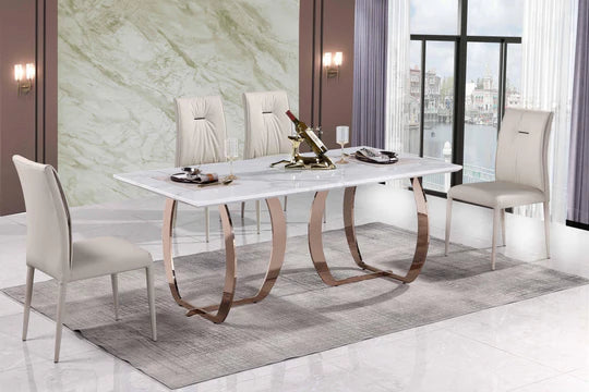 Dining Room table with rose gold marble top and rose gold base +4 chairs