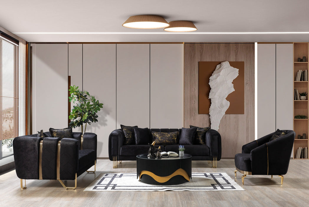 Santana Black Velvet Sofa & Loveseat & Accent Chair (2)