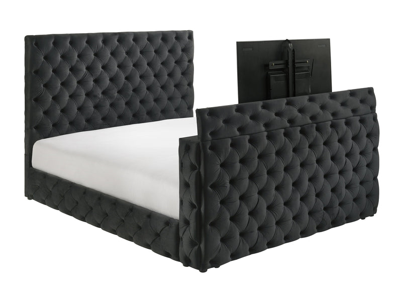 Josephine Black King Upholstered Panel Bed with TV Lift from Crown Mark - DMV Furniture