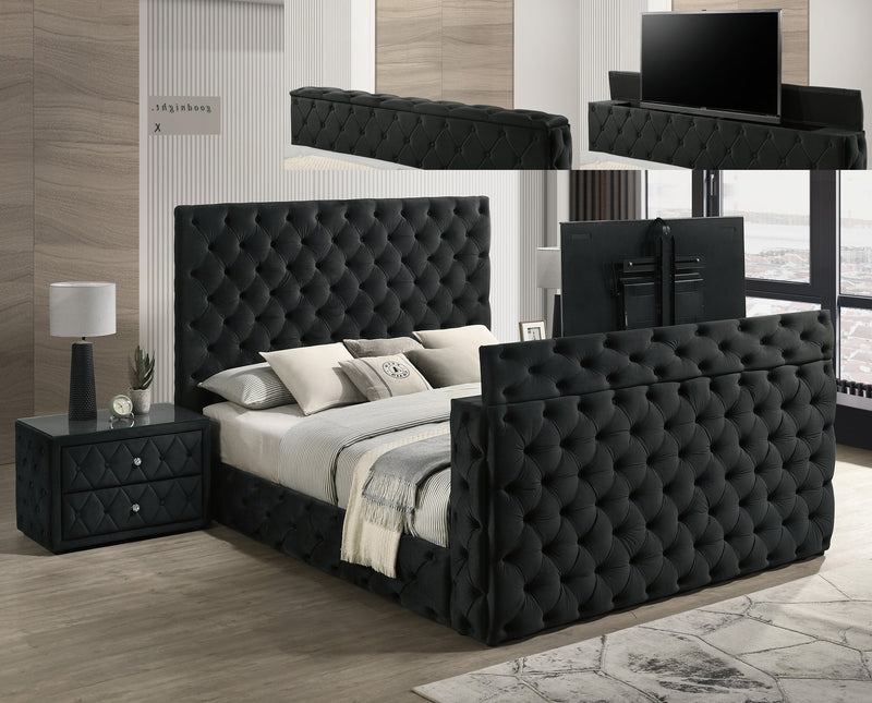 Josephine Black King Upholstered Panel Bed with TV Lift from Crown Mark - DMV Furniture