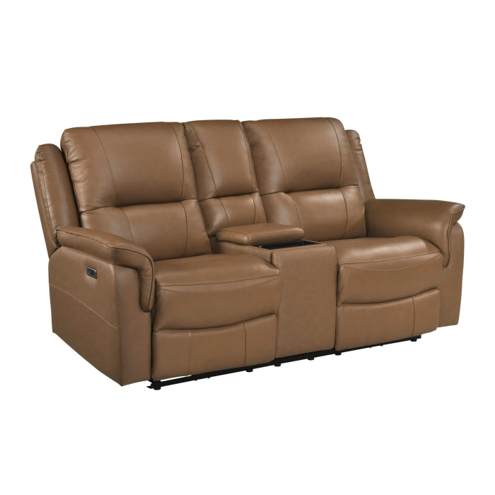 8301BRW-2PW Power Double Reclining Love Seat with Center Console, Hidden Arms Cup Holders, Charging Ports and Wireless Charger - 8301BRW-2PW