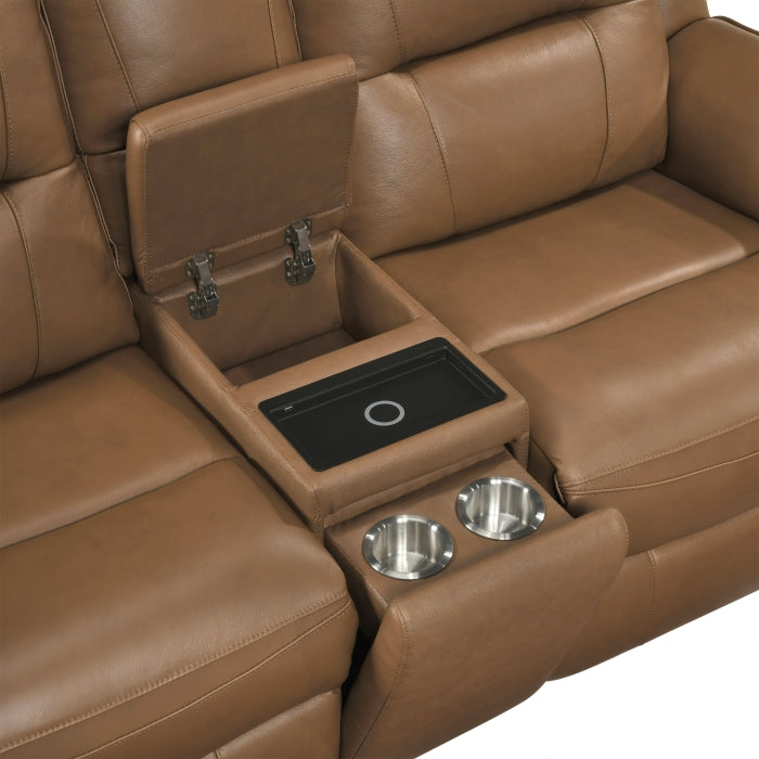 8301BRW-2PW Power Double Reclining Love Seat with Center Console, Hidden Arms Cup Holders, Charging Ports and Wireless Charger - 8301BRW-2PW