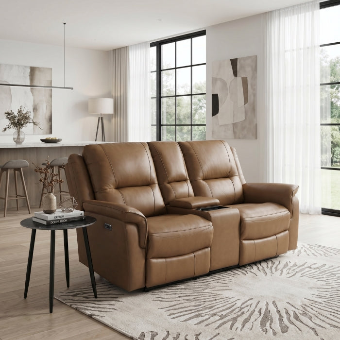 8301BRW-2PW Power Double Reclining Love Seat with Center Console, Hidden Arms Cup Holders, Charging Ports and Wireless Charger - 8301BRW-2PW