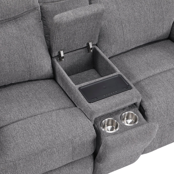 8340GRY-2PWHB Power Double Reclining Love Seat with Center Console, Power Headrests, Power Lumbar Support, Wireless Charger, Hidden Cup Holders, Bluetooth Speakers and Charging Ports - 8340GRY-2PWHB