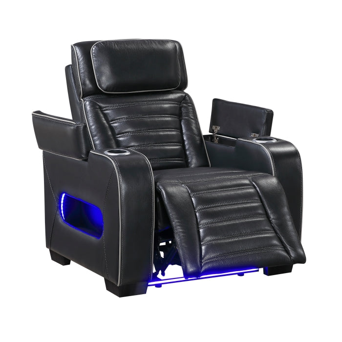 8344BLK-1PWHM Power Reclining Chair with Power Headrest, Cup holder, Storage Arms(Top and Side), Air Massage, Heat, LED Lighting and Charging Ports - 8344BLK-1PWHM