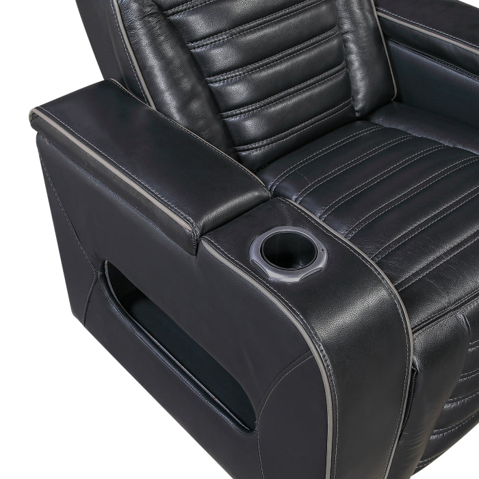 8344BLK-1PWHM Power Reclining Chair with Power Headrest, Cup holder, Storage Arms(Top and Side), Air Massage, Heat, LED Lighting and Charging Ports - 8344BLK-1PWHM