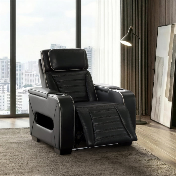 8344BLK-1PWHM Power Reclining Chair with Power Headrest, Cup holder, Storage Arms(Top and Side), Air Massage, Heat, LED Lighting and Charging Ports - 8344BLK-1PWHM