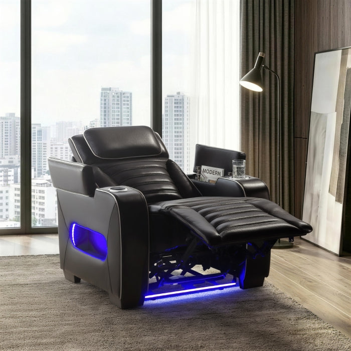 8344BLK-1PWHM Power Reclining Chair with Power Headrest, Cup holder, Storage Arms(Top and Side), Air Massage, Heat, LED Lighting and Charging Ports - 8344BLK-1PWHM