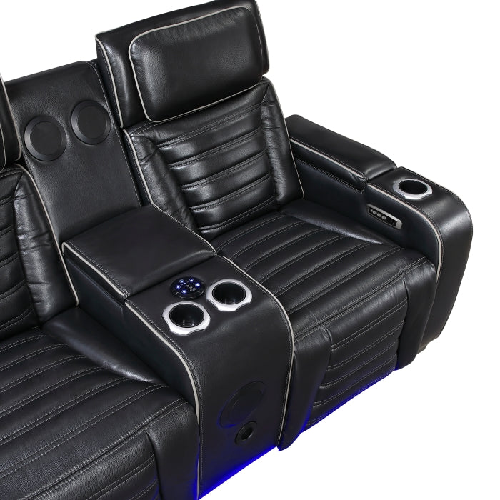 8344BLK-2PWHM Power Double Reclining Love Seat with Center Console, Power Headrests, Storage Arms(Top and Side) ,Cup Holders, Wireless Speakers with Sub-Woofer, Air Massage, Heat, LED Lighting and Charging Ports - 8344BLK-2PWHM