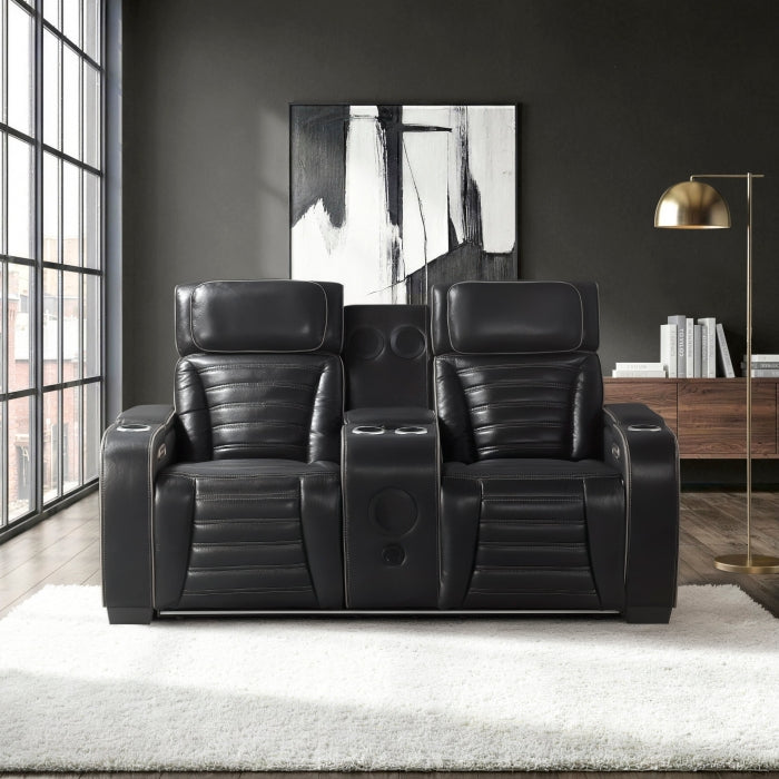 8344BLK-2PWHM Power Double Reclining Love Seat with Center Console, Power Headrests, Storage Arms(Top and Side) ,Cup Holders, Wireless Speakers with Sub-Woofer, Air Massage, Heat, LED Lighting and Charging Ports - 8344BLK-2PWHM