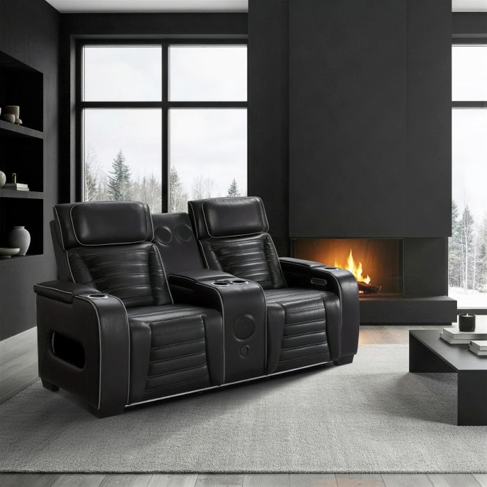 8344BLK-2PWHM Power Double Reclining Love Seat with Center Console, Power Headrests, Storage Arms(Top and Side) ,Cup Holders, Wireless Speakers with Sub-Woofer, Air Massage, Heat, LED Lighting and Charging Ports - 8344BLK-2PWHM