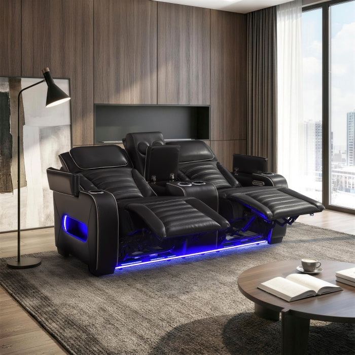8344BLK-2PWHM Power Double Reclining Love Seat with Center Console, Power Headrests, Storage Arms(Top and Side) ,Cup Holders, Wireless Speakers with Sub-Woofer, Air Massage, Heat, LED Lighting and Charging Ports - 8344BLK-2PWHM