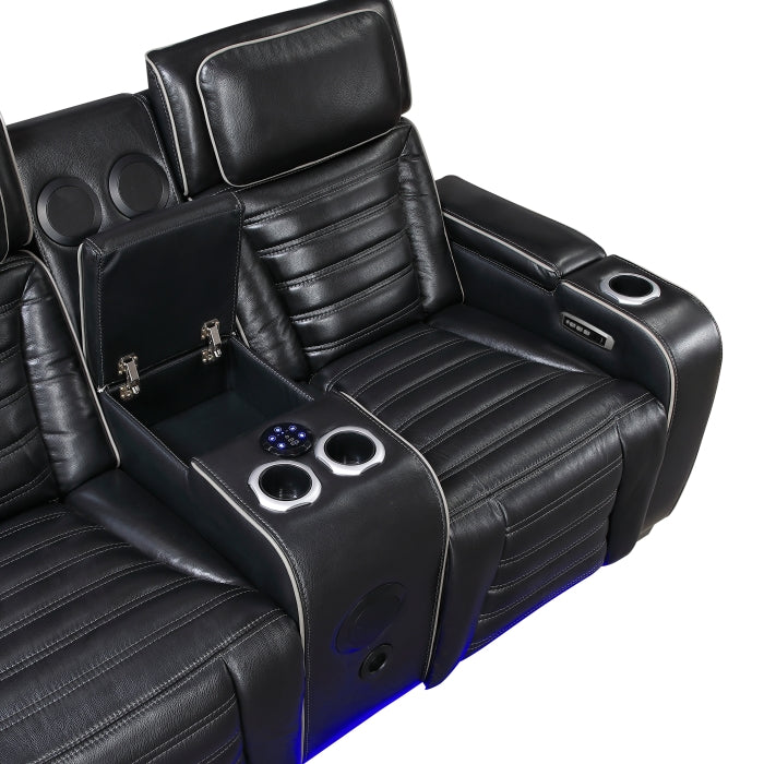 8344BLK-2PWHM Power Double Reclining Love Seat with Center Console, Power Headrests, Storage Arms(Top and Side) ,Cup Holders, Wireless Speakers with Sub-Woofer, Air Massage, Heat, LED Lighting and Charging Ports - 8344BLK-2PWHM