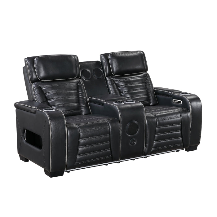 8344BLK-2PWHM Power Double Reclining Love Seat with Center Console, Power Headrests, Storage Arms(Top and Side) ,Cup Holders, Wireless Speakers with Sub-Woofer, Air Massage, Heat, LED Lighting and Charging Ports - 8344BLK-2PWHM