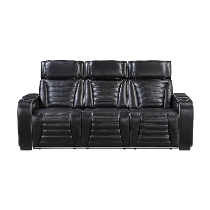 8344BLK-3PWHM Power Double Reclining Sofa with Center Drop-Down Cup Holders, Power Headrests,  Storage Arms(Top and Side) ,Cup holders, Reading Lights, Wireless Charger, Air Massage, Heat,  LED Lighting and Charging Ports - 8344BLK-3PWHM