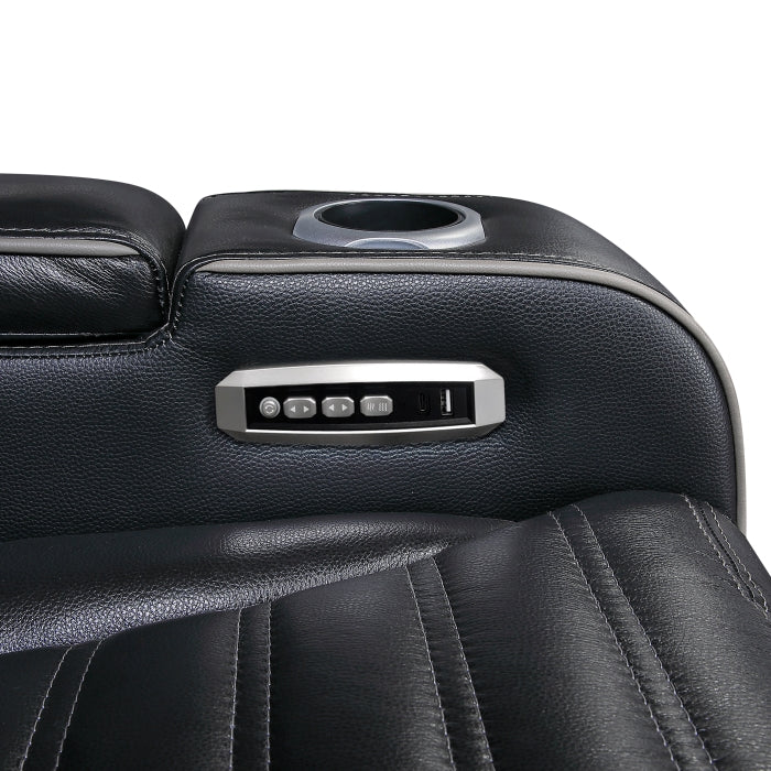 8344BLK-3PWHM Power Double Reclining Sofa with Center Drop-Down Cup Holders, Power Headrests,  Storage Arms(Top and Side) ,Cup holders, Reading Lights, Wireless Charger, Air Massage, Heat,  LED Lighting and Charging Ports - 8344BLK-3PWHM