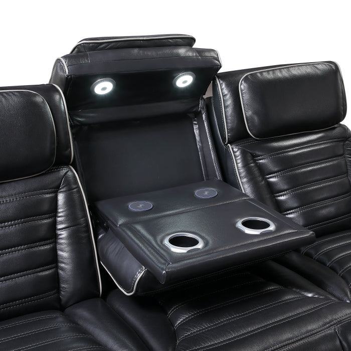 8344BLK-3PWHM Power Double Reclining Sofa with Center Drop-Down Cup Holders, Power Headrests,  Storage Arms(Top and Side) ,Cup holders, Reading Lights, Wireless Charger, Air Massage, Heat,  LED Lighting and Charging Ports - 8344BLK-3PWHM