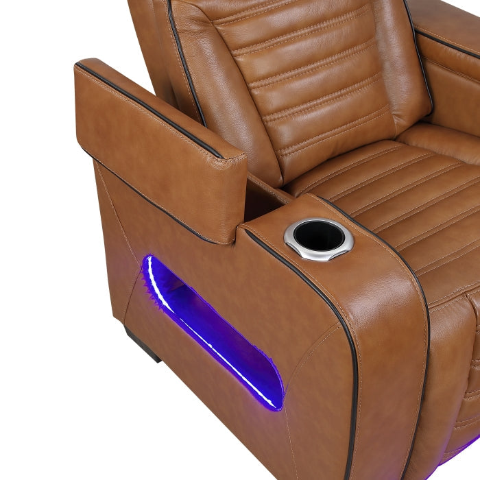 8344BRW-1PWHM Power Reclining Chair with Power Headrest, Cup holder, Storage Arms(Top and Side), Air Massage, Heat, LED Lighting and Charging Ports - 8344BRW-1PWHM