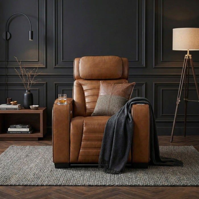 8344BRW-1PWHM Power Reclining Chair with Power Headrest, Cup holder, Storage Arms(Top and Side), Air Massage, Heat, LED Lighting and Charging Ports - 8344BRW-1PWHM