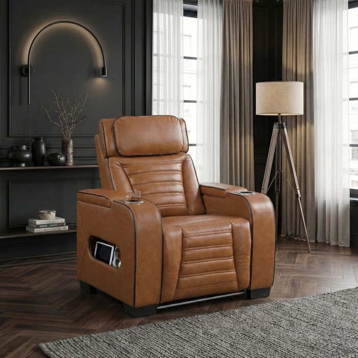 8344BRW-1PWHM Power Reclining Chair with Power Headrest, Cup holder, Storage Arms(Top and Side), Air Massage, Heat, LED Lighting and Charging Ports - 8344BRW-1PWHM