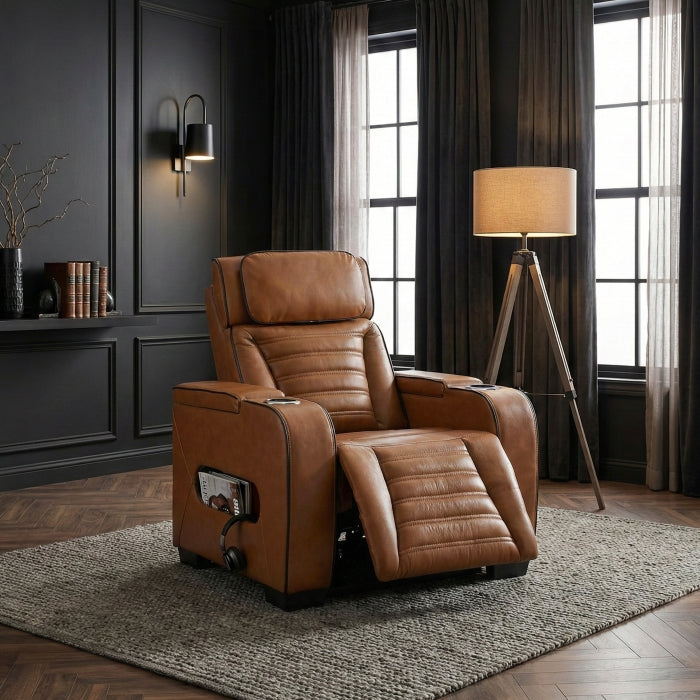 8344BRW-1PWHM Power Reclining Chair with Power Headrest, Cup holder, Storage Arms(Top and Side), Air Massage, Heat, LED Lighting and Charging Ports - 8344BRW-1PWHM