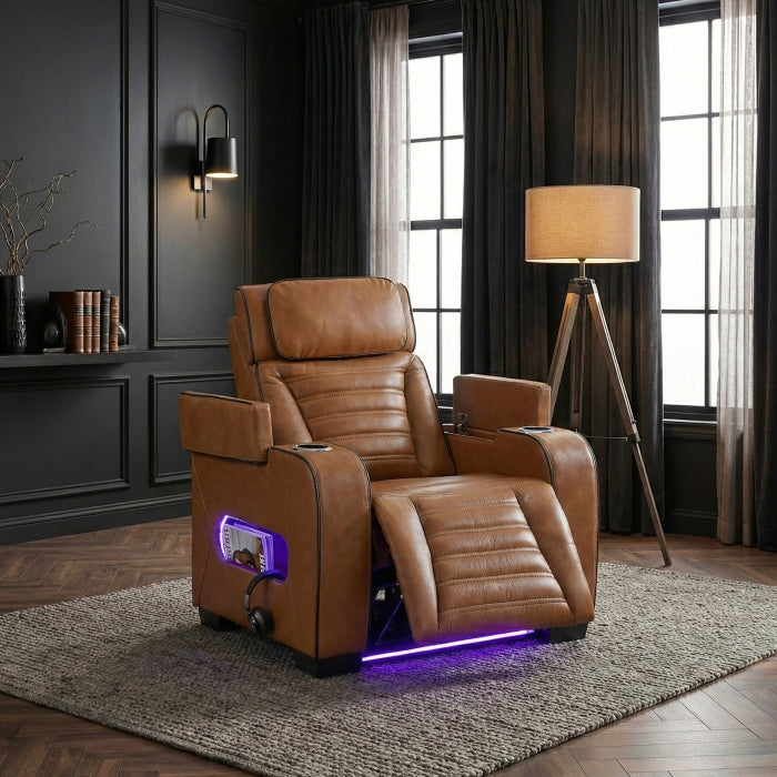 8344BRW-1PWHM Power Reclining Chair with Power Headrest, Cup holder, Storage Arms(Top and Side), Air Massage, Heat, LED Lighting and Charging Ports - 8344BRW-1PWHM