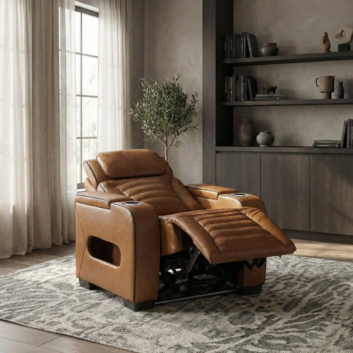 8344BRW-1PWHM Power Reclining Chair with Power Headrest, Cup holder, Storage Arms(Top and Side), Air Massage, Heat, LED Lighting and Charging Ports - 8344BRW-1PWHM