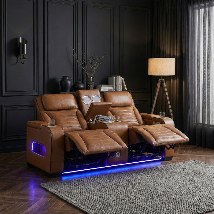 8344BRW-2PWHM Power Double Reclining Love Seat with Center Console, Power Headrests, Storage Arms(Top and Side) ,Cup Holders, Wireless Speakers with Sub-Woofer, Air Massage, Heat, LED Lighting and Charging Ports - 8344BRW-2PWHM