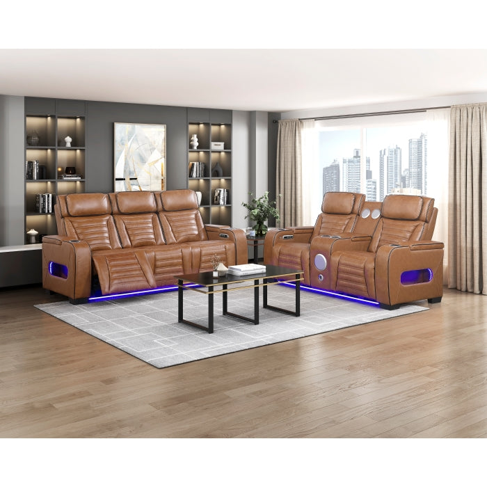 8344BRW-2PWHM Power Double Reclining Love Seat with Center Console, Power Headrests, Storage Arms(Top and Side) ,Cup Holders, Wireless Speakers with Sub-Woofer, Air Massage, Heat, LED Lighting and Charging Ports - 8344BRW-2PWHM