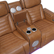 8344BRW-2PWHM Power Double Reclining Love Seat with Center Console, Power Headrests, Storage Arms(Top and Side) ,Cup Holders, Wireless Speakers with Sub-Woofer, Air Massage, Heat, LED Lighting and Charging Ports - 8344BRW-2PWHM