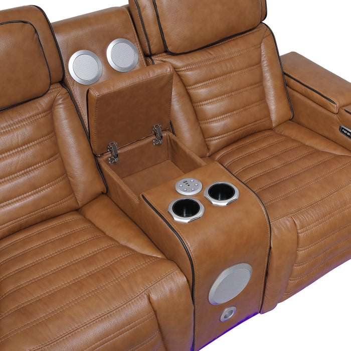 8344BRW-2PWHM Power Double Reclining Love Seat with Center Console, Power Headrests, Storage Arms(Top and Side) ,Cup Holders, Wireless Speakers with Sub-Woofer, Air Massage, Heat, LED Lighting and Charging Ports - 8344BRW-2PWHM